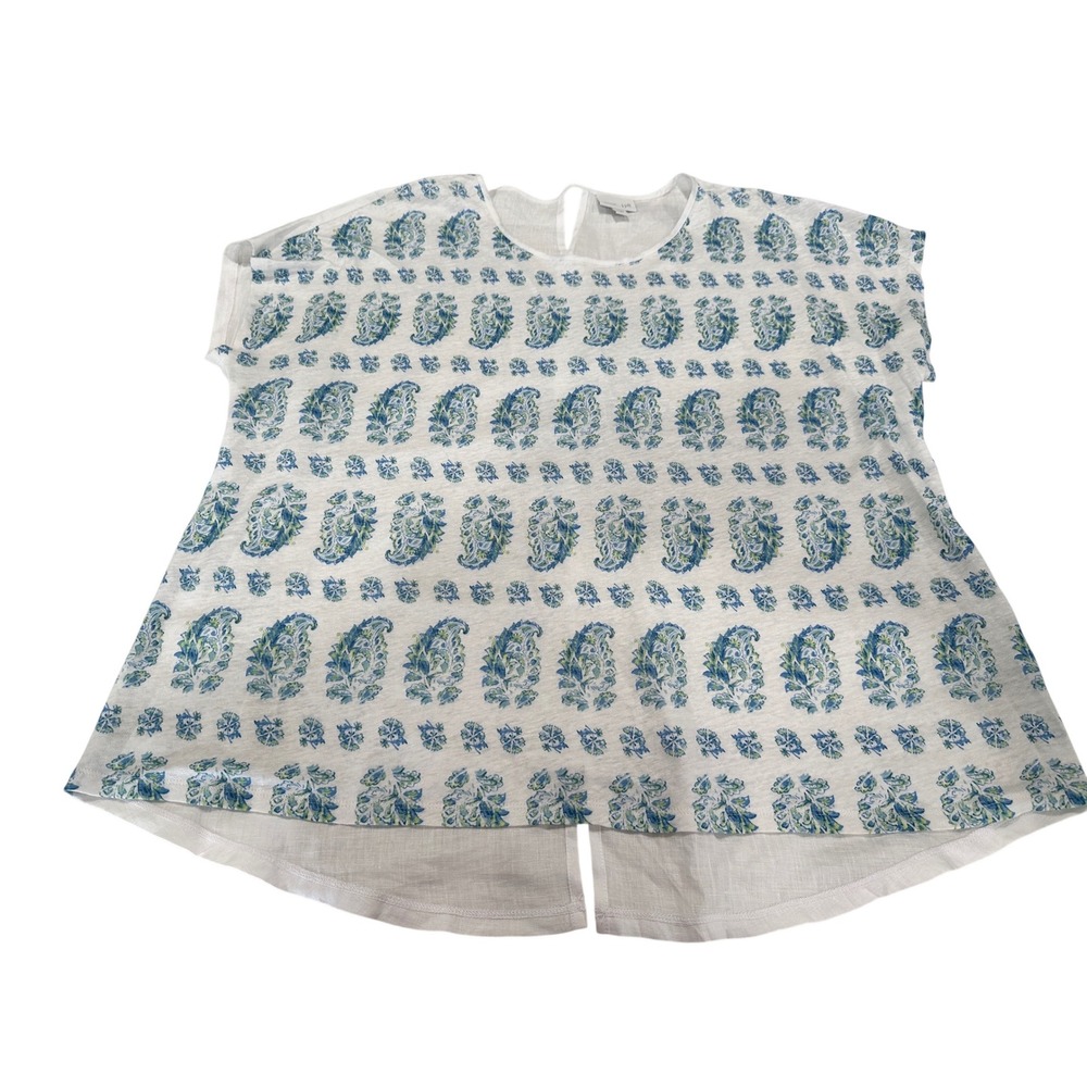 J. Jill Love Linen Paisley Print Top XL Blue Green White Cap Sleeve Split Back